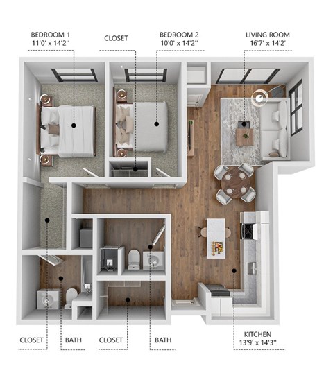 Floor plan for 2 beds, 2 baths, 993 sqft